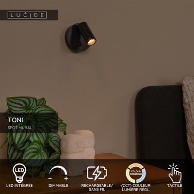 Lucide TONI - Spot mural / Applique mural Rechargeable - Batterie/Piles - Ø 8,1 cm - LED Dim. - CCT - 1x2W 2700K/4000K - Détecteur De Mouvement (désactivable) - Magnétique - Noir